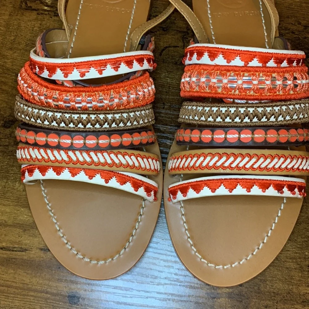 Tory Burch embroidered Poppy red multi sandals 6.5